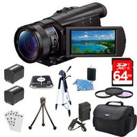 Sony FDRAX100/B FDR-AX100 FDRAX100 AX100 4K Video Camera w/ 3.5-Inch LCD (Black) Bundle w/ 64GB Memory Card, Gadget Bag, Battery (2), Battery Charger, Filter Kit, Memory Card Reader, Full Size Tripod, Mini Tripod, Screen Protectors and Cleaning Kit