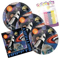 Space Blast Happy Birthday Theme Plates and Napkins Serves 16 With Birthday Candles