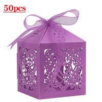 Lucky Monet 25/50/100PCS Love Heart Laser Cut Wedding Candy Gift Box Chocolate Box for Wedding Favor Birthday Party Bridal Shower with Ribbon (50pcs, Purple)