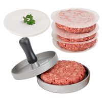 OVOS Aluminum Non-Stick Hamburger Press with 50 Free Patty Papers and Wood Handle