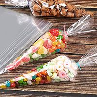SUJING 50/100/200 pcs Clear Cone Shaped Treat Bags with Twist Ties Thick Plastic Cello Bags Triangle for Favor Christmas Candy Popcorn with Little Assorted Ties (100PCS)