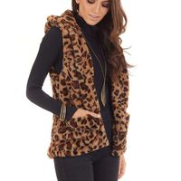 Trolimons Women's Tops,Fashion Women's Hooded Sleeveless Leopard Print Pockets Warm Faux Fur Vest Top