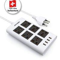 Maximm Surge Protector Flat Power Strip 6 Universal Outlets with 4 USB Ports, Desktop Charging Station, 4000W/10-16A Multiplug (6.5ft, White) w/Switzerland (Type J) Plug