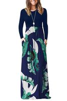 AUSELILY Women Long Sleeve Loose Plain Plus Size Maxi Dresses Casual Long Dresses with Pockets (XS, Navy Print Blue)