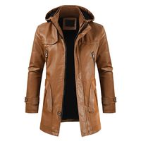 Redacel Men's Casual Zip Up Mid-Long Camouflage Faux Leather Jacket Distressed Hooded Trench Coat (Brown,4XL)