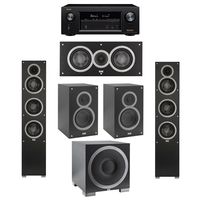 Elac 5.1 System with 2 Debut F5 Floorstanding Speakers, 1 Debut C5 Center Speaker, 2 Debut B5 Bookshelf Speakers, 1 Debut S12EQ Subwoofer, 1 Denon AVR-X2300W A/V Receiver