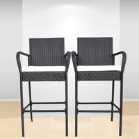 Outdoor Bar Set Patio Furniture Stools Black Rattan Outdoor Dining Chair Cushioned Barstool Set（Khaki Cushions,Set of 2
