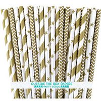 Outside the Box Papers Gold Chevron, Stars and Stripe Paper Straws 7.75 Inches 75 Pack Gold, White