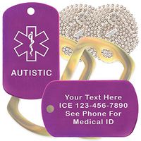Custom 2 Pack - Autistic Medical Alert ID Necklaces with Purple Custom Tags, Camo Forest Silencers, and 30'' USA Chains