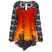 RUIVE Women's Halloween Tops Pattern Print Long Lace Sleeve Patchwork Sweatshirt Ladies Asymmetrical Plus Size Blouse Yellow