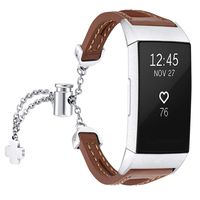 fastgo Leather Bracelet Compatible with Fitbit Charge 3/Charge3 SE Bands, Premium Stainless Steel Replacement Wristbands Classy Women Girls Adjustable (Brown)