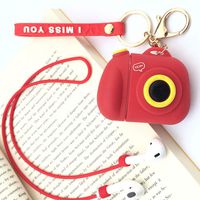 ICI-Rencontrer Super Creative Fashion 3D Camera Design Airpods Case Portable Mordern AirPods Accessories Soft Silicone Waterproof Shockproof Protective Case With Anti-lost Wrist Rope Keychain Red