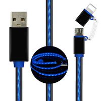 LED Charging Cable Multi Connectors Visible Flowing Light Fast Charge 2 in 1 USB Cable for Mobile Phones (Black Blue)