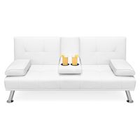 Best Choice Products Faux Leather Modern Convertible Folding Futon Sofa Bed Recliner Couch w/Metal Legs, 2 Cup Holders, White