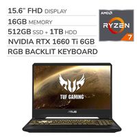 ASUS TUF Gaming FX505 2019 15.6 FHD Laptop Notebook Computer, AMD Ryzen 7 R7-3750H 2.3GHz, 16GB RAM, 512GB SSD, 1TB HDD, No DVD, RGB Backlit Keyboard, Wi-Fi, Bluetooth,Webcam, HDMI,Win 10 Home