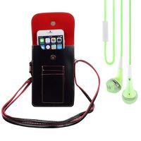 Bundle: Vegan Leather Vertical Crossbody Smartphone Pouch Wallet (Black) & Deluxe Stereo Hands-Free Headset (Green) - for Smartphones up to 6.5-inch, Shoulder Strap, Headphones w/Microphone