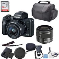 Canon EOS M50 Mirrorless Digital Camera (Black) with 15-45mm Lens (Graphite) + 32GB SD Memory + Premium Microphone + Professional Carrying Case + Camera Deluxe Starter Kit