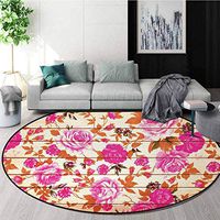 DESPKON-HOME Rose Round Area Rug,Vintage Warm Color Roses On Wood Well-Being and Love Valentines Theme Modern Print Design Non-Slip Fabric Round Rugs for Bedroom Diameter-47 Inch,Pink Orange
