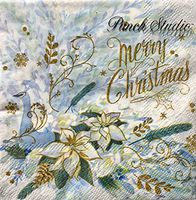 Punch Studio Cocktail Beverage Paper Napkins, 40 ct, Blue Winter Peacock with White Poinsettias 66152