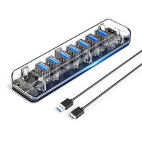 ORICO USB 3.0 Hub, 7 Ports USB3.0 Transparent Desktop HUB with Blue Indicator Light & Dual Port Power Supply