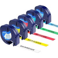 5X Replacement Dymo Plastic Letratag Label Tape (Black on White/Yellow/Red/Blue/Green), 12 mm x 4m, for LT100H, LT100T, QX50, XR, XM, 2000