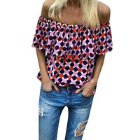 Sunhusing Womens Sexy Off-Shoulder Ruffled Short-Sleeve Shirt Gradient Polka Wavy Dot Print Slim T-Shirt Red