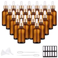 PrettyCare Eye Dropper Bottle 1 oz (24 Pack Amber Glass Bottles 30ml with Golden Caps, 48 Labels, Funnel & Measured Pipettes) Empty Tincture Bottles for Essential Oils