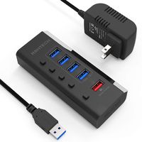 Powered USB Hub, RSHTECH USB 3 Hub with 4 USB 3.0 Data Ports + 1 USB Fast Charging Port and Individual On/Off Switches(A35-Black)