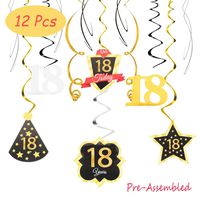 18 Birthday Decoration Happy 18th Birthday Party Silver Black Gold Foil Hanging Swirl Streamers I'm Eighteen Years Old Today Birthday Hat Gold Star Ornament Party Present Supplies