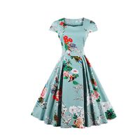 Sunhusing Womens Plus Size Trendy Square Neck Short Sleeve Floral Print Retro High Waist Pleated Prom Dress(Light Blue,L)