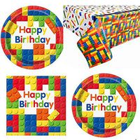 Colorful Building Blocks Birthday Party Plates and Napkins (Serves 32) (Plates, Napkins + Tablecloth)