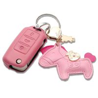 Mokie Leather Remote Key Fob Case, Key Fob Skin Cover Protector for VW Volkswagen New 3 Buttons - Pink