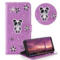 PU Leather Wallet Case for Huawei Mate 10 Lite,Flip Folio Stand Protective Cover for Huawei Mate 10 Lite,Moiky Purple Glitter Luxury Cute 3D Panda Rhinestone Shiny Diamond Kickstand Magnetic Case