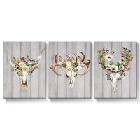 Takfot Canvas Antler Wall Art Deer Head Skull Pictures Prints Vintage Painting Framed Artwork Colorful Flower Pictures Ready to Hang for Bedroom Living Room Bathroom 12×16 Inch, 3 Panels