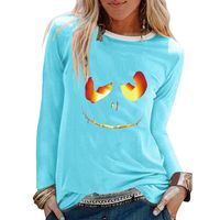 ANJUNIE Womens Halloween Print Shirts O-Neck Long Sleeve Top Loose T-Shirt Blouse(1-Sky Blue,XXXL)