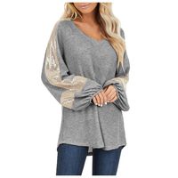 Sunhusing Women's Solid Color Shiny Sequined Splicing Loose Round Neck Long Sleeve Pullover Sweatshirt Tops(Gray,XL)
