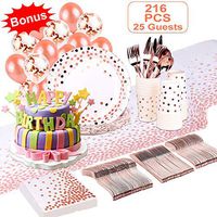 216 PCS 25 Guests Elegant Rose Gold Paper Plates, Disposable Dinnerware Set Rose Gold Party Plates Include Plates, Cups, Napkins, Knives, Forks, Spoons, Table Runner, Confetti Balloons for Birthdays.