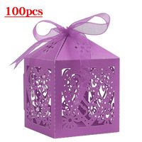 Lucky Monet 25/50/100PCS Love Heart Laser Cut Wedding Candy Gift Box Chocolate Box for Wedding Favor Birthday Party Bridal Shower with Ribbon (100pcs, Purple)