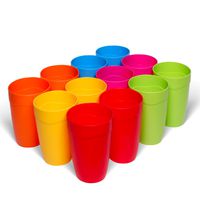 Plaskidy Plastic Kids Cups - Set of 12 Reusable Plastic Drinking Cups for Kids - 15 oz Childrens Cups BPA Free Dishwasher Safe 2 Vibrant Colors (2 of Each Color)