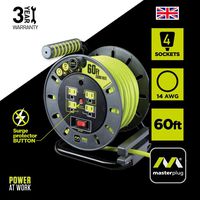 Masterplug 60ft Heavy Duty Extension Cord Open Reel with 4 120V / 10 amp Integrated Outlets