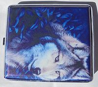 Metal Frame Cigarette Case Wolf Design - Book Open Style - Fits 100s