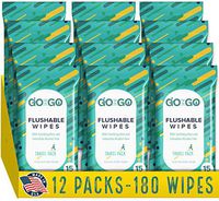 Flushable Wet Wipes for Travel by Go on the Go - Biodegradable, Alcohol-Free, with Soothing Aloe and Calendula, 12 Packs of 15 Count Each (180 Wipes Total)