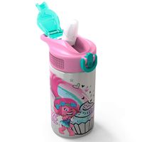 Zak Designs Trolls Poppy - Stainless Steel Water Bottle with One Hand Operation Action Lid and Built-in Carrying Loop, Kids Water Bottle with Straw Spout is Perfect for Kids (15.5 oz, 18/8, BPA-Free)