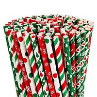 200 Pieces Christmas Paper Straws Striped Dot Drinking Straws Decorative Straws with Christmas Tree Star Snowflake Gift Crutches Pattern for Christmas Party Supplies, 8 Styles