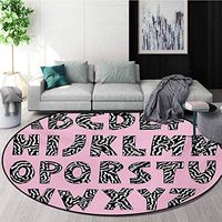 Pink Zebra Machine Washable Round Bath Mat,Funky Letters Written In Zebra Skin Stripes Animal Theme Design Non-Slip No-Shedding Bedroom Soft Floor Mat,Diameter-35 Inch Baby Pink Black And White