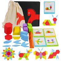 WOOD CITY 130 Pcs Wooden Pattern Blocks Set, Geometric Shapes Tangram Puzzle, Graphical Educational Montessori Toys for Kids Age 3-8 Years Old, Brain Teasers for Kids with 24 Design Cards