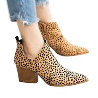Dainzuy Women Ankle Boots Pointed Toe Low Chunky Stacked Heel Perforated Snakeskin Shoes Side V Cut Western Booties Brown