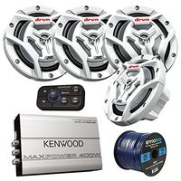 Marine Speaker And Amp Package: 4x JVC CS-DR6201MW 300-Watt 6.5" 2-Way Coaxial Speakers Bundle Combo With Kenwood 400-Watt 4-Channel Black Waterproof Bluetooth Amplifier + 50Ft 16g Speaker Wire