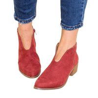 Dainzuy Women Low Heel Ankle Booties Slip On Suede Front V Cutout Chunky Block Round Toe Stacked Heel Ankle Boots Red