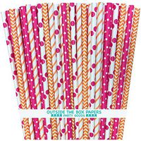 Outside the Box Papers Orange and Pink Chevron, Polka Dot and Stripe Paper Straws 7.75 Inches 100 Pack Orange, Hot Pink, White